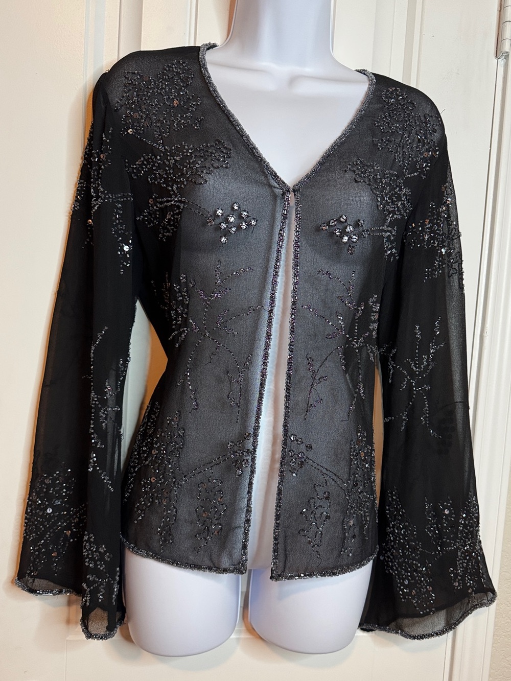 JmD New York Jacket Womens M Black Beaded Sequin Sheer Bell Sleeve witchy fairy